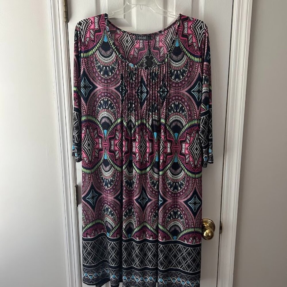 NWT Ice Silk Brand Dress Plus Size 3X Vibrant Deep Fuschia Blue Peacock Print